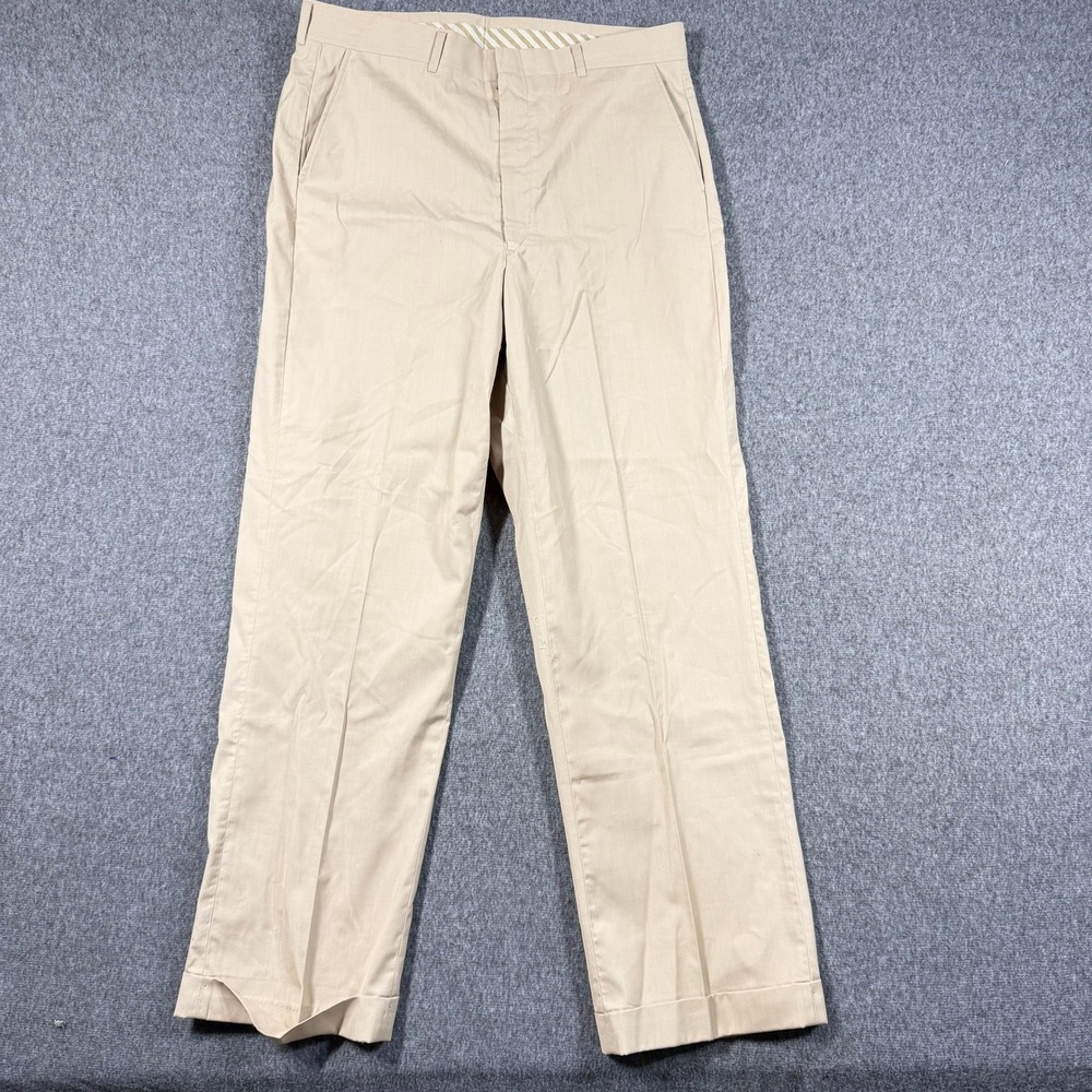 Vintage 60s Mens Khaki Cotton Twill Chino Pants Straight Leg Cuffed Beige 36x31